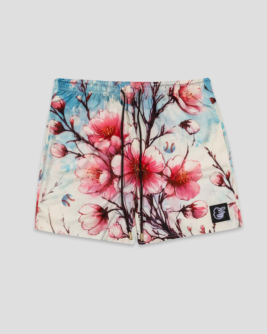 Cherry Blossom Baseball Diamond Lux Satin Shorts - Baltimore Orioles - Baseballism Online