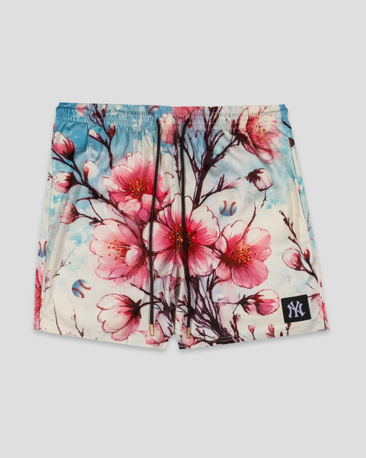 Cherry Blossom Baseball Diamond Lux Satin Shorts - New York Yankees - Baseballism Online