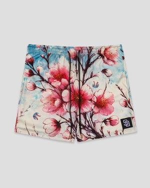 Cherry Blossom Baseball Diamond Lux Satin Shorts - San Diego Padres - Baseballism Online