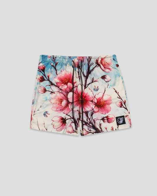 Cherry Blossom Baseball Diamond Lux Satin Youth Shorts - Baltimore Orioles - Baseballism Online