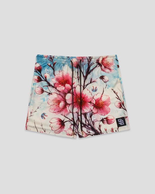 Cherry Blossom Baseball Diamond Lux Satin Youth Shorts - San Diego Padres - Baseballism Online