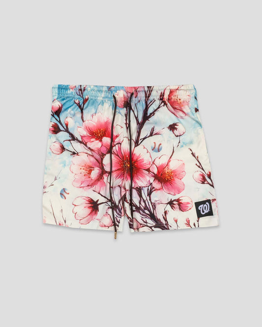 Cherry Blossom Baseball Diamond Lux Satin Youth Shorts - Washington Nationals - Baseballism Online