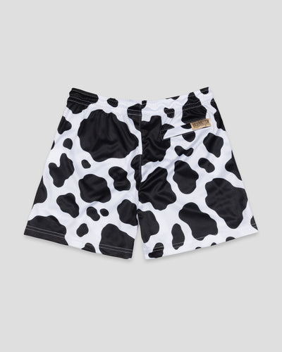 Moo Milk Cow Print Diamond Air Mesh Shorts - Black
