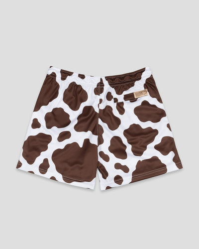 Moo Milk Cow Print Diamond Air Mesh Shorts - Brown